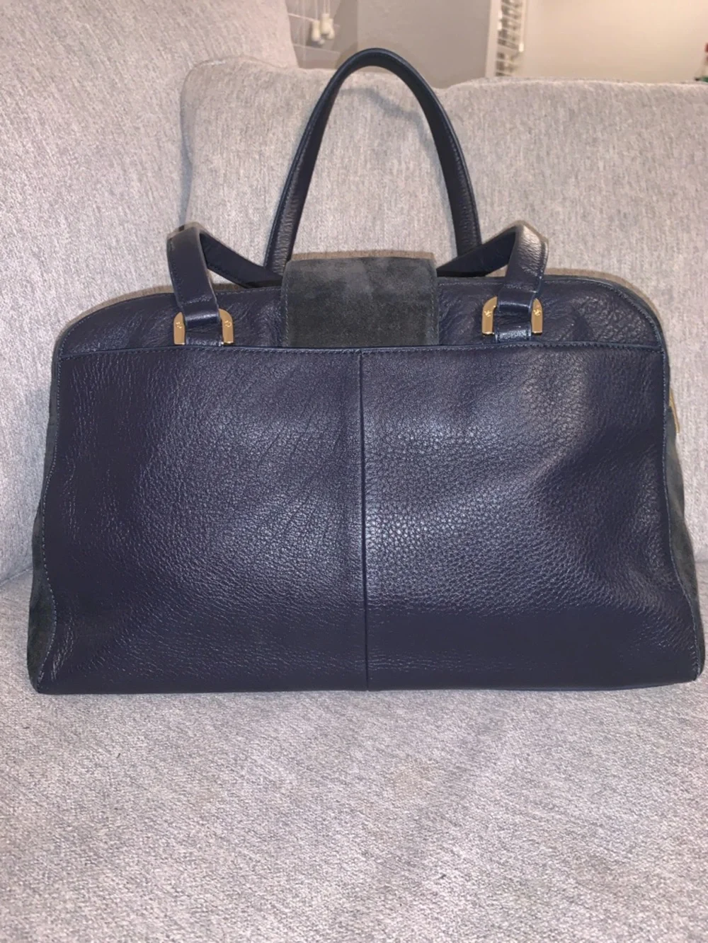 Tory Burch Black & Navy Blue Leather & Suede Top-Handle Shoulder Bag w/Gold Logo - Picture 7 of 12